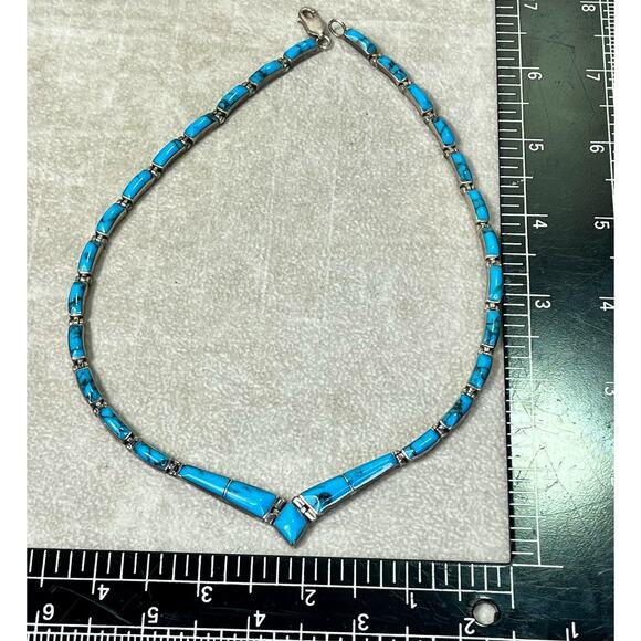 VTG Taxco Sterling Silver 950 Turquoise Inlay Hinged Panel Collar Necklace 22.7g - Picture 15 of 16